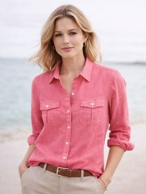 Lands' End Women's Vibrant Pink Button Down Shirt